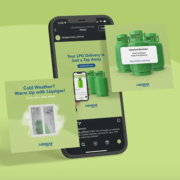 Liquigas LPG delivery ads on a phone and in the feed
