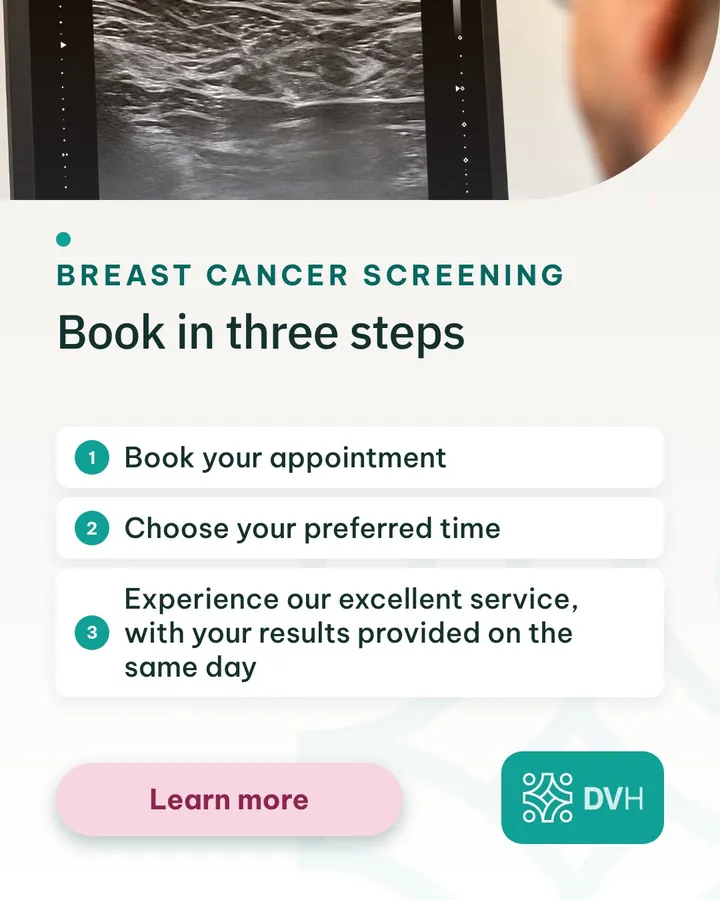 DaVinci Health ad: book breast cancer screening in three steps