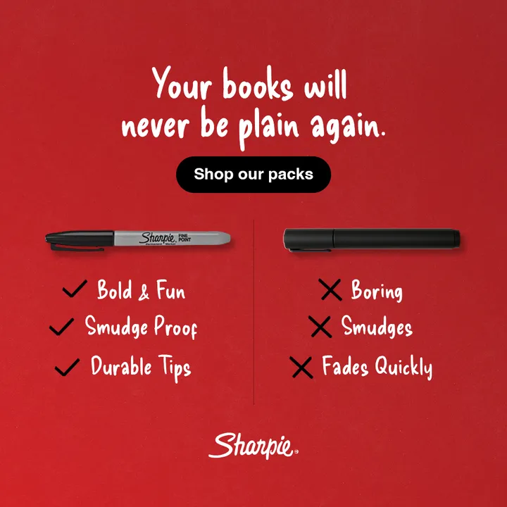 NJA Trading ad for Sharpie: Your books will never be plain again.