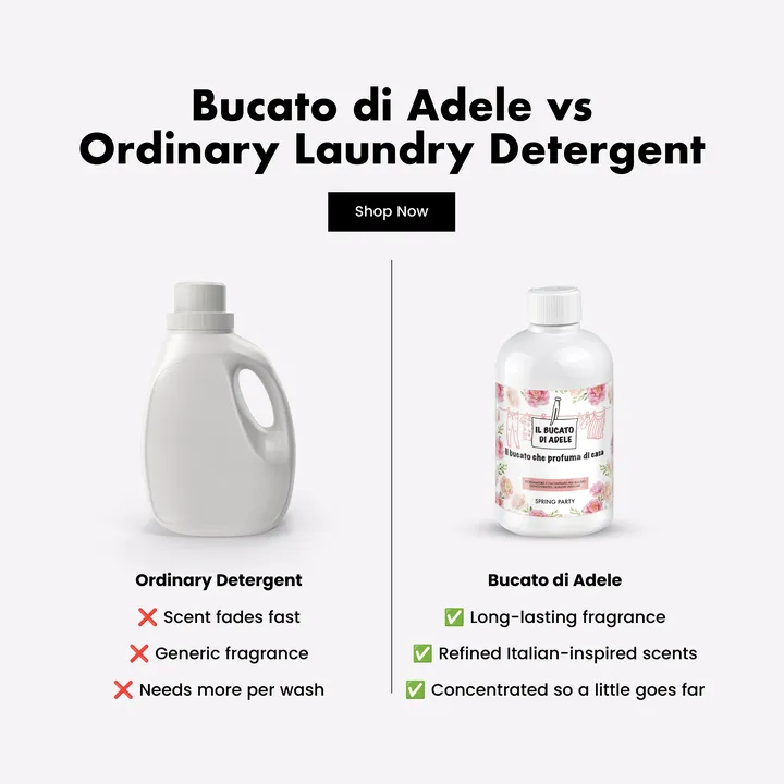 NJA Trading ad: Bucato di Adele against an ordinary laundry detergent, side by side.